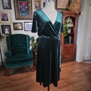 TACERA Petite Emerald Green Velvet Wrap Midi Dress Short Sleeve Tie Waist